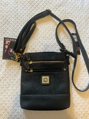 Stone Mountain Accessories Black Tooled Leather Crossbody with Gold Hardware